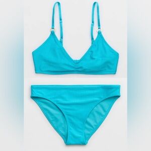 NWT Aerie FULL SET Beach Babe Shine Rib Voop Top + Full Coverage Bottom Blue